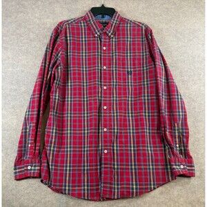 Chaps Men's Medium Red Plaid Button Down Shirt Long Sleeve Easy Care Cotton Blen